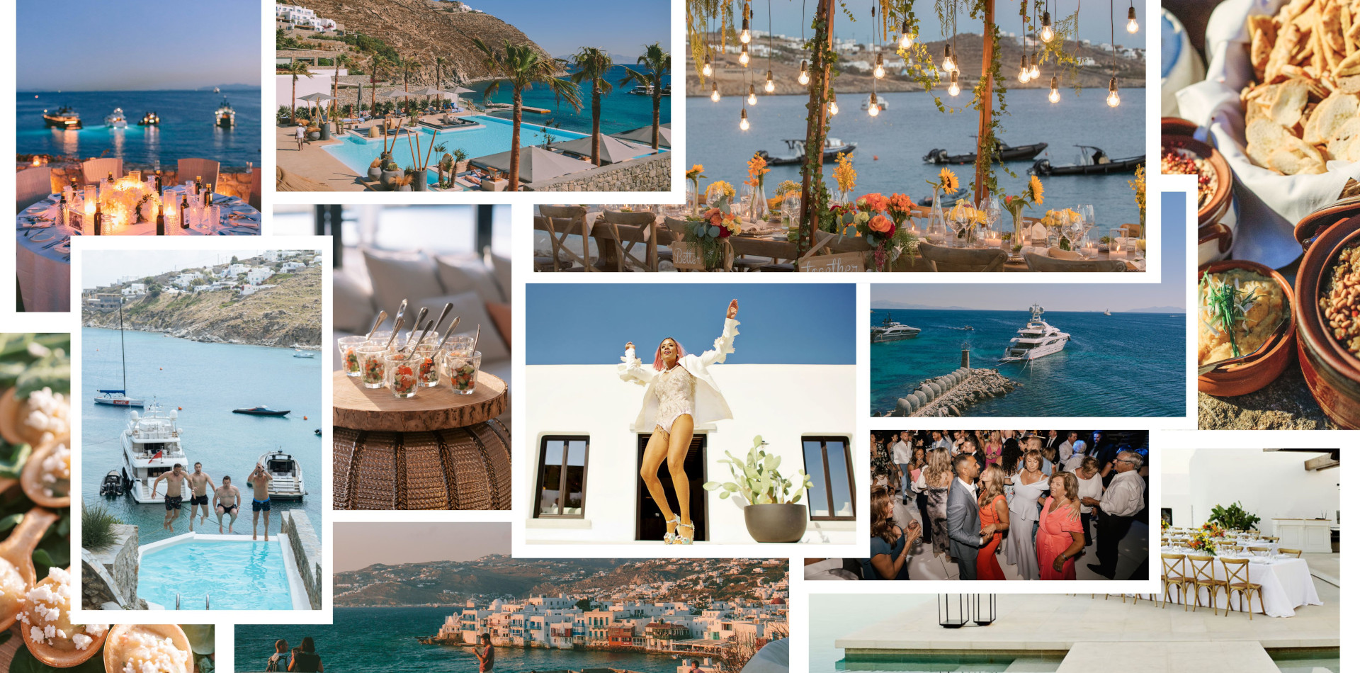 A collage of Mykonos events and parties planned by Dream Weddings Mykonos