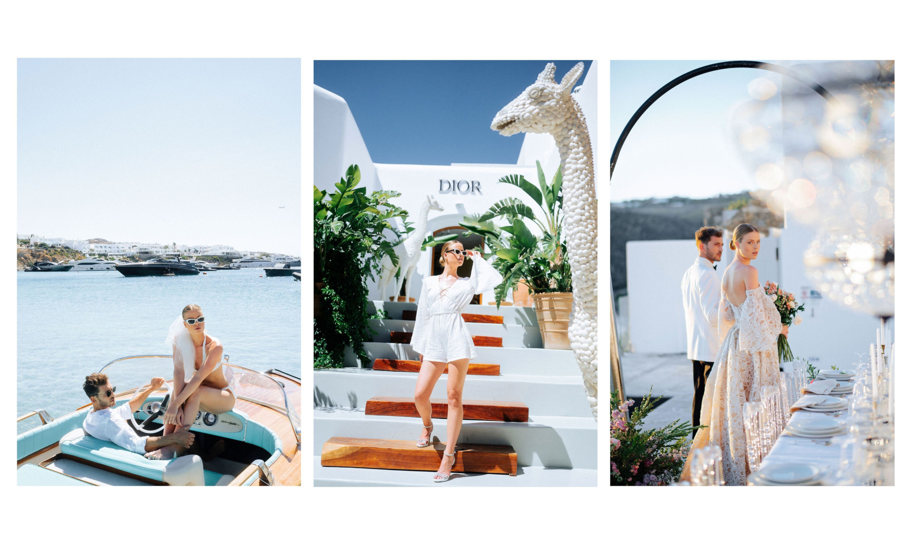 Luxury Mykonos wedding planning imagery: couple on a boat, stylish pre-wedding moment at a boutique location, and elegant reception setup